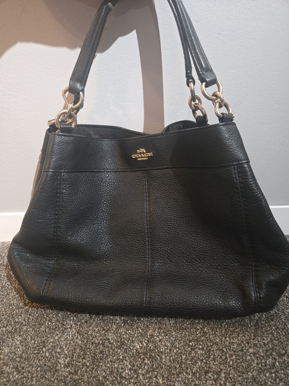 Coach Black Pebbled Leather Double-Handle Shoulder Bag with Gold Hardware